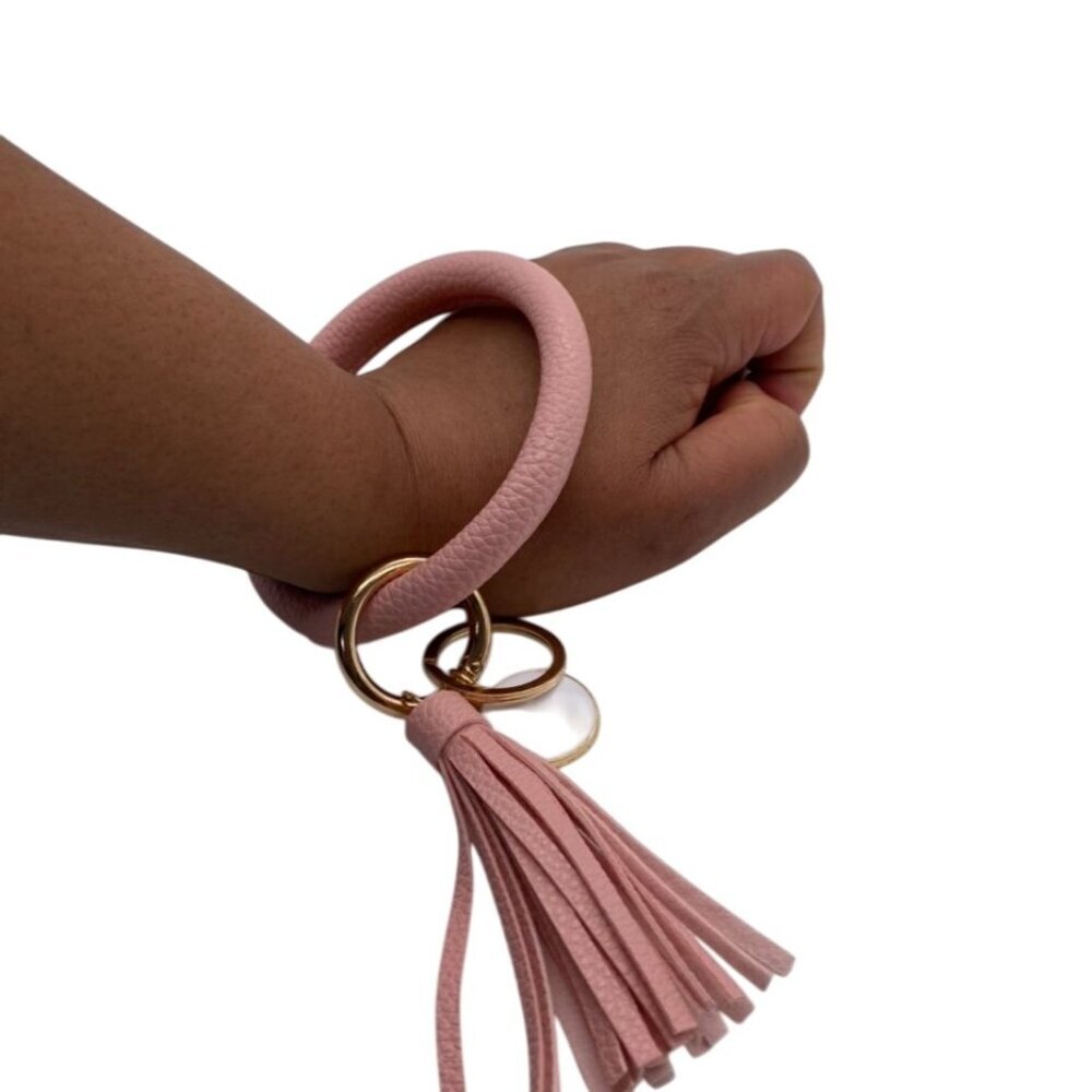 Leather‎ Tassel Bangle Keychain Pink With Gold Rings & Charm Wristlet For Women